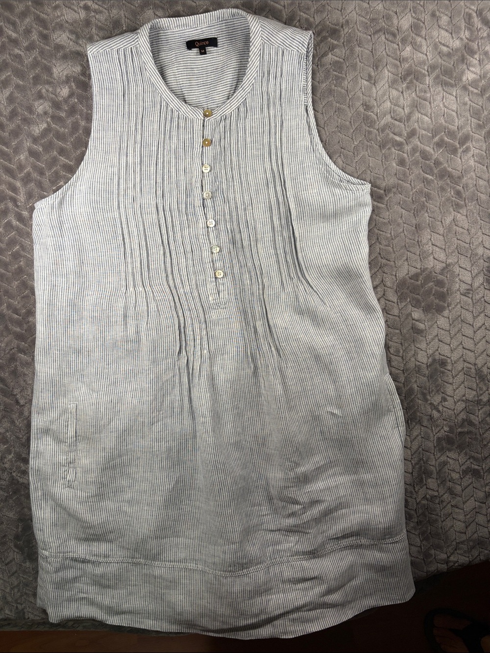 Quince Women’s Sleeveless Pinstripe 100% European Linen Dress - Blue & White - M